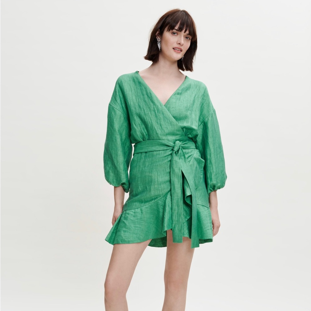 MAJE Green Linen Wrap Dress Mini with Ruffle